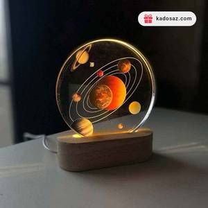 چراغ خواب کریستالی طرح منظومه شمسی با پایه چوبی