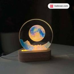چراغ خواب کریستالی طرح کوه و ماه با پایه چوبی