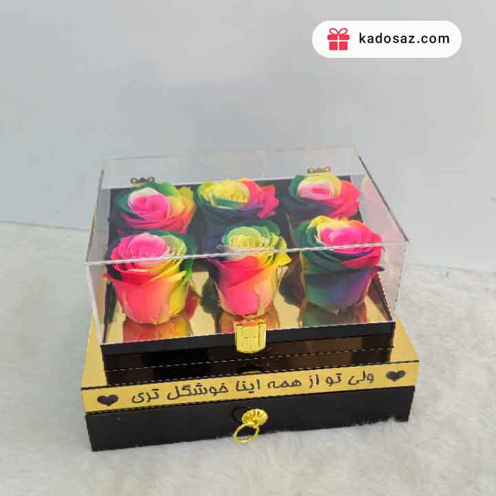 باکس گل با 6 عدد گل رز جاودان با متن دلخواه
